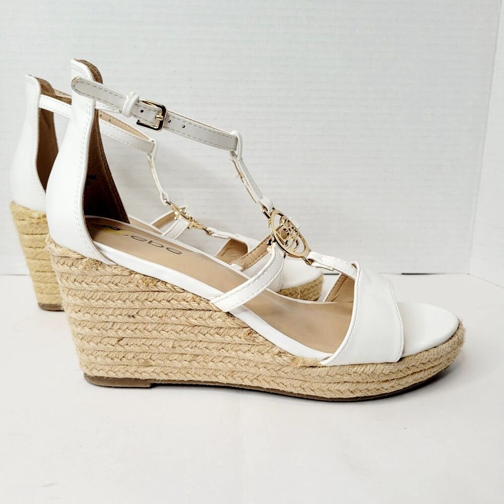 BeBe Lavina White Espadrille Wedge Sandal Size 8 New